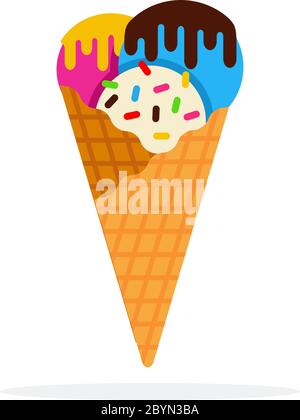 Drei Kugeln Eis in einem Waffelkegel flach isoliert Stock Vektor