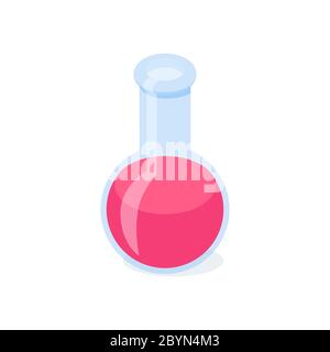Chemischer Kolben mit isometrischer Vektorgrafik in rosa Flüssigkeit. Stock Vektor
