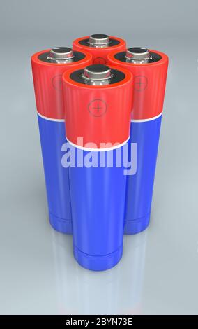 3d-Darstellung von vier stehenden roten und blauen Batterien Stockfoto