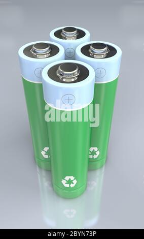 3d-Darstellung von vier stehenden grünen und blauen Batterien mit Recycling-Symbol Stockfoto