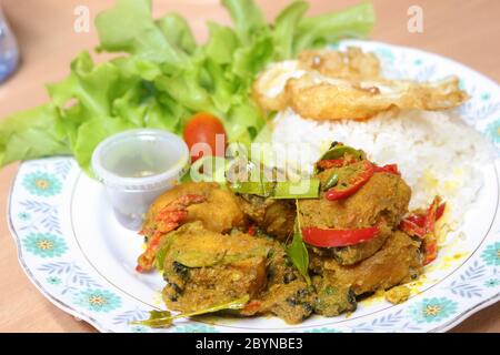 Reis, gebratenes scharfes und würziges Curry mit Fisch und Spiegelei auf weißem Teller umrühren Stockfoto