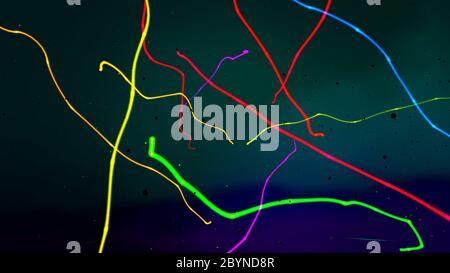 3d-Darstellung mehrerer farbiger und gebogener Linien auf einem Hintergrund mit Farbverlauf Stockfoto