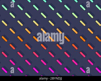 Symmetrisch verteilte schräge farbige Kapseln auf hellblauem Hintergrund - 3d-Illustration Stockfoto