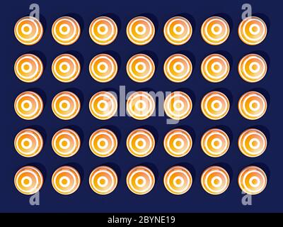 Symmetrisch nebeneinander verteilte weiße und gelbe Kugeln auf hellblauem Hintergrund - 3d-Illustration Stockfoto