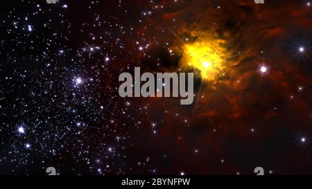 Illustration eines fiktiven Sternfeldes, Nebel, Sonne und Galaxien Stockfoto
