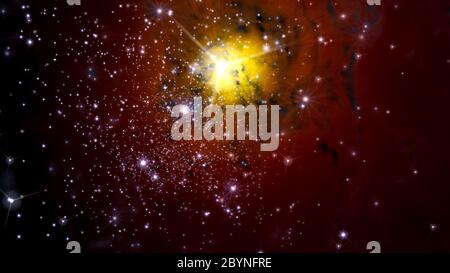 Illustration eines fiktiven Sternfeldes, Nebel, Sonne und Galaxien Stockfoto