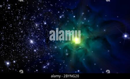 Illustration eines fiktiven Sternfeldes, Nebel, Sonne und Galaxien Stockfoto