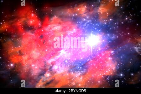 Illustration eines fiktiven Sternfeldes, Nebel, Sonne und Galaxien Stockfoto