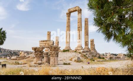 Die Zitadelle in der Stadt Amman in Jordanien im Nahen Osten. Tempel des Herkules der Zitadelle Amman (Jabal al-Qal'a). Altstadt. Stockfoto