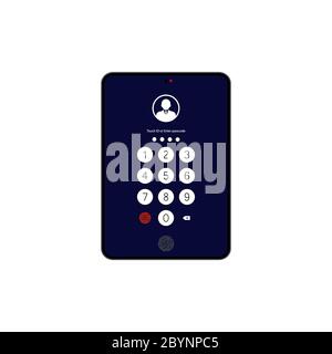 Berühren Sie ID, oder geben Sie Passcode, Passwort und Schnittstelle auf dem Tablet-Symbol flach auf isoliertem weißem Hintergrund ein. Vektor EPS 10 Stock Vektor