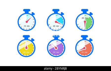 Timer, Stoppuhr, Chronometer, Zeit, Uhrsymbol flach. Countdown 10, 20, 30, 40, 50, 60 Minuten auf isoliertem weißem Hintergrund. Vektor EPS 10. Stock Vektor