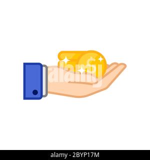 Hand hält Stapel von Münzen Symbol flach. Geld, Dollar auf isoliertem weißen Hintergrund. Vektor EPS 10. Stock Vektor