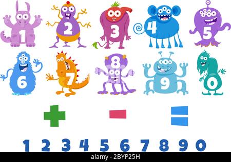 Cartoon Illustration von Zahlen von eins bis neun mit Fantasy Monster-Figuren gesetzt Stock Vektor