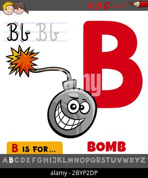 Pädagogische Cartoon Illustration des Buchstaben B aus Alphabet mit Comic-Bombe für Kinder Stock Vektor