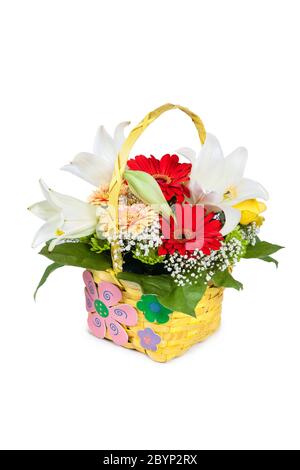Schöner Blumenstrauß von bunten Blumen im Korb Stockfoto