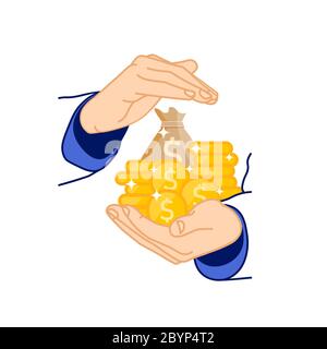 Hand hält Stapel von Münzen Symbol flach. Geld, Dollar auf isoliertem weißen Hintergrund. Vektor EPS 10. Stock Vektor