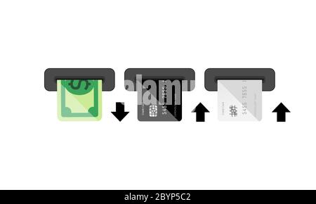 Legt die Karte in den Geldautomaten ein und nimmt das Geld. Kartenverwendung, Terminalnutzungskonzept. Vektor auf isoliertem weißen Hintergrund. EPS 10 Stock Vektor