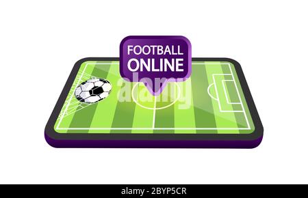 Smartphone mit Sportstadion Hintergrund. Fußball online ansehen. Abbildung, Symbol flach auf isoliertem Hintergrund. Vektor EPS 10. Stock Vektor