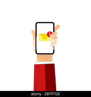 Neue E-Mail-Benachrichtigung auf Mobiltelefon, Smartphone-Bildschirm. Die Hand hält ein Mobiltelefon auf dem Bildschirmumschlag. Vektor auf isoliertem weißen Hintergrund. EPS Stock Vektor