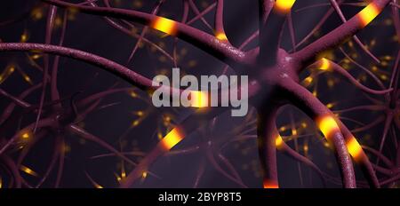 Nahaufnahme auf Übertragung von Gehirnzellen oder Neuron - 3d-Illustration Stockfoto