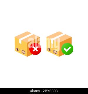 Lieferbox, Symbol für Auftragsverfolgung. Kartons mit falschen und richtigen Häkchen. Paket, Paket auf isoliertem Hintergrund. Vektor EPS 10 Stock Vektor