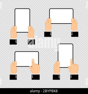 Hände halten Tablet-Computer mit leerem Bildschirm. Flaches Designkonzept auf isoliertem Hintergrund. Vektor EPS 10. Geschäftskonzept Stock Vektor