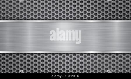 Hintergrund in grauen Farben, bestehend aus einer metallischen perforierten Oberfläche mit Löchern und einer polierten Platte mit Metallstruktur, Glares und glänzenden Kanten Stockfoto