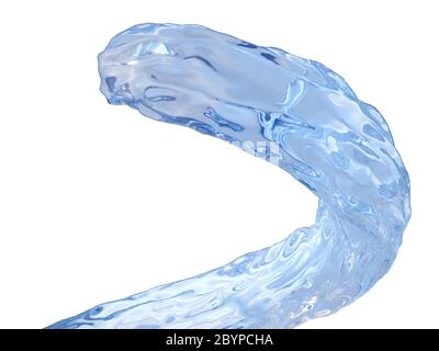Blau gebogener Strahl oder Spritzer Wasser isoliert auf weißem Hintergrund Stockfoto