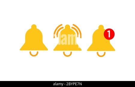 Benachrichtigungssymbol flach eingestellt. Glockensymbole mit dem unterschiedlichen Status. Neue Nachricht auf isoliertem Hintergrund. Vektor EPS 10 Stock Vektor