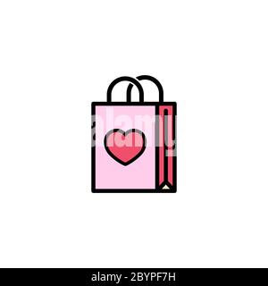 Papier Einkaufstasche mit Herz Symbol flach. Symbol für Liebesgeschichten. Valentines Day Konzept. Vektor auf isoliertem weißen Hintergrund. Eps 10. Stock Vektor