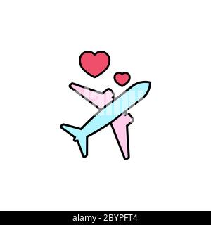 Liebe Reisen, Flugzeug mit Herzen Symbol flach. Symbol für Liebesgeschichten. Valentines Day Konzept. Vektor auf isoliertem weißen Hintergrund. Eps 10 Stock Vektor