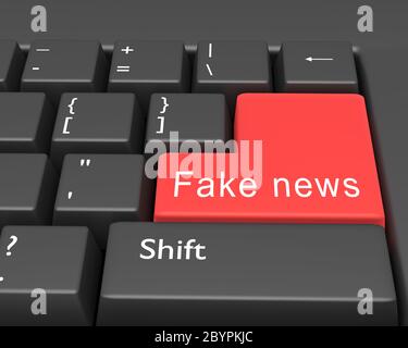 Worte 'Fake News' geschrieben auf einer Computertastatur. Konzeptionelles Bild auf einer Computertaste Enter. 3d-Rendering Stockfoto