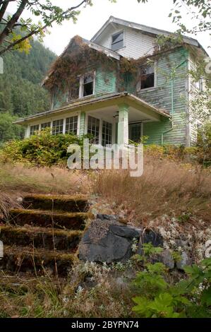 Ein verlassene Haus mit Laub bedeckt in der Geisterstadt Ocean Falls, im Great Bear Rainforest, British Columbia, Kanada. Stockfoto