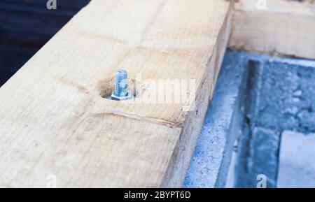 Holzbalken mit Metallschraube für den Bau eines neuen Hauses Stockfoto