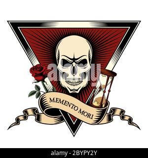 Memento Mori 'sei auf den Tod bedacht'. Totenkopf im Dreieck-, Rosen- und Sanduhr-Druck. Stock Vektor