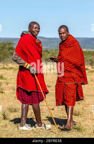 Zwei junge Masai-Krieger in traditioneller Kleidung und Waffen stehen in der Savanne. Tansania, Ostafrika, 12. August 2018. Stockfoto