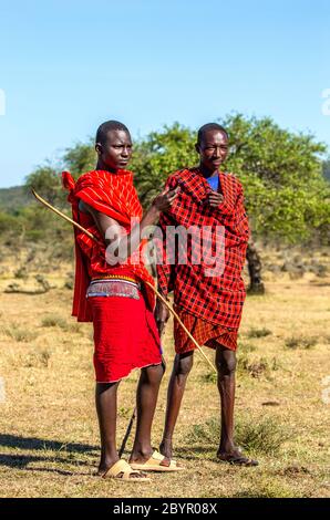 Zwei junge Masai-Krieger in traditioneller Kleidung und Waffen stehen in der Savanne. Tansania, Ostafrika, 12. August 2018. Stockfoto