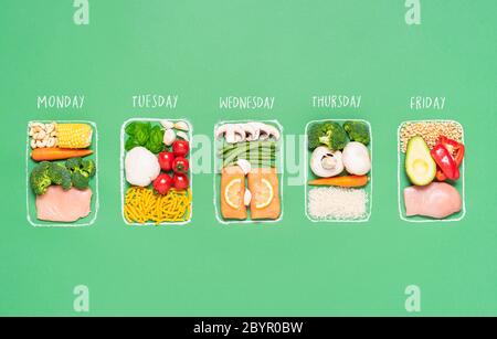 Wöchentliches Konzept zur Zubereitung von Speisen mit rohen Zutaten in kreidegezeichneten Lunchboxen auf grünem Hintergrund. Bereiten Sie Mahlzeiten für die Woche. Gesunde Mahlzeiten Stockfoto