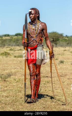 Der junge Masai-Krieger steht in traditioneller Kleidung mit einem Speer in der Savanne. Tansania, Ostafrika, 12. August 2018. Stockfoto