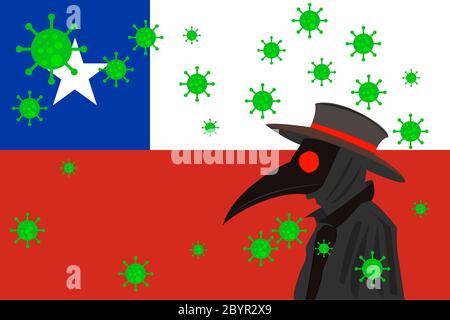 Schwarzer Pest Arzt umgeben von Viren mit Kopierraum mit CHILE-Flagge. Stockfoto