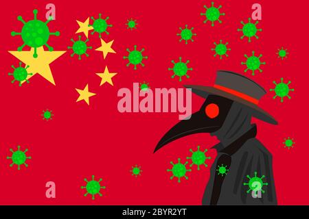 Schwarzer Pest Arzt von Viren umgeben mit Kopieraum mit CHINA-Flagge. Stockfoto