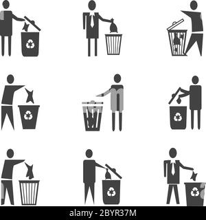 Legen Sie das verwendete Gewebe in den Papierkorb ab Vektor-Symbol-Set Schwarz-Farbe-Symbol-Set Stock Vektor