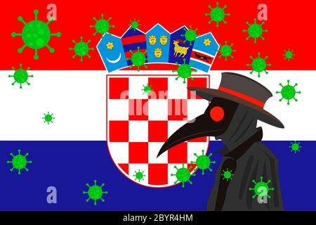 Schwarzer Pest Arzt umgeben von Viren mit Kopieraum mit CROACIA Flagge. Stockfoto