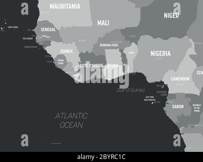 Westafrika Karte - graufarbig auf dunklem Hintergrund. Detaillierte politische Karte des westlichen afrikas und der Bucht von Guinea mit Land-, Kapital-, Meer- und Meeresnamen. Stock Vektor