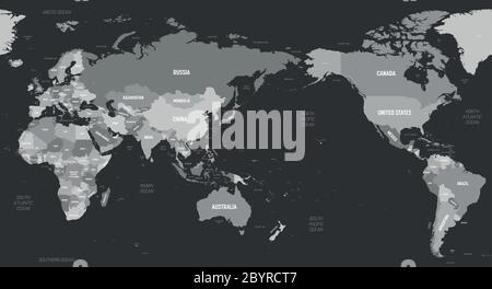 Weltkarte - Asien, Australien und Pazifischer Ozean zentriert. Grau auf dunklem Hintergrund. Detaillierte politische Weltkarte mit Land-, Kapital-, Meer- und Meeresnamen. Stock Vektor