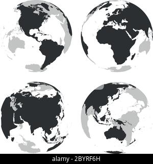 Set von transparenten Erdgloben mit grauen Land Silhouette Karte. Vektorgrafik. Stock Vektor