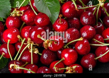 In der Nähe von Pile von reifen Kirschen mit Stengel und Blätter. Große Sammlung von frischen roten Kirschen. Reifen Kirschen Hintergrund Stockfoto