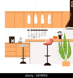 Vektor-flache Illustration der modernen Küche Interieur leer No People House Zimmer mit Küchenmöbeln, Tisch, Stühlen und Esstisch. Stock Vektor
