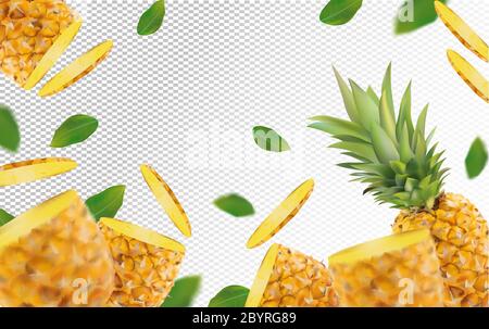 3D realistische Ananas mit grünem Blatt. Frische Ananas in Bewegung. Schöne Ananas Hintergrund. Fallende Ananasfrüchte sind ganz und in zwei Hälften geschnitten. Vektorgrafik Stock Vektor