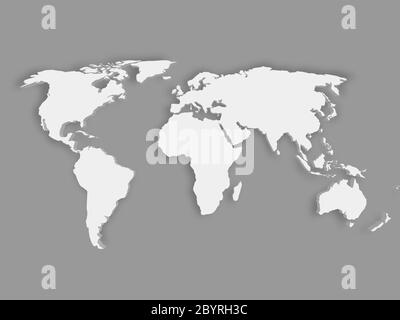 Weiße 3D-Weltkarte mit abgefallenem Schatten auf grauem Hintergrund. EPS10 Vektorgrafik. Stock Vektor